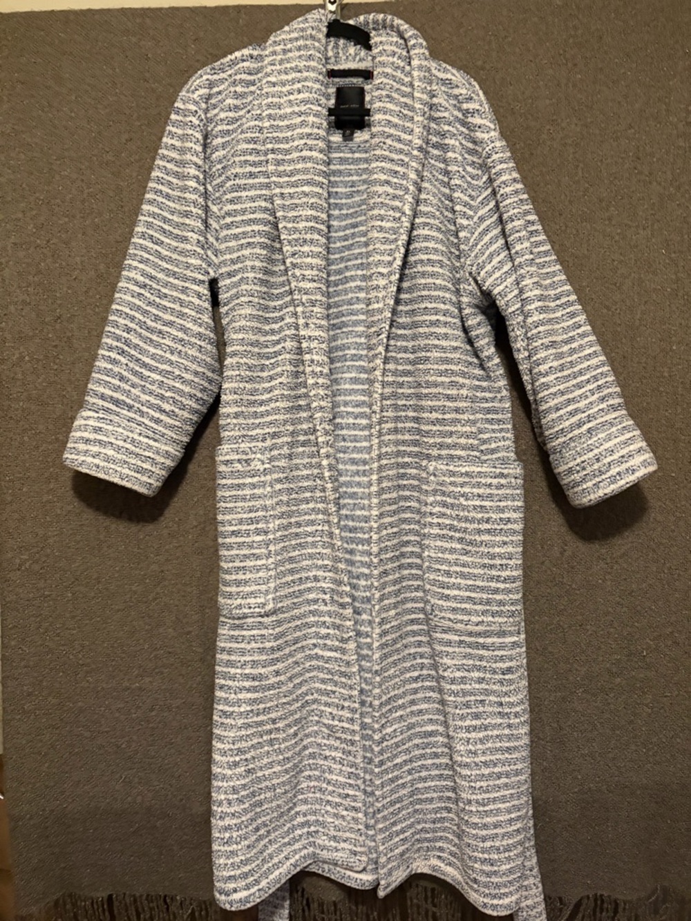 Daniel Buchler Blue White Striped Fleece Robe M/L Long Sleeve Polyester